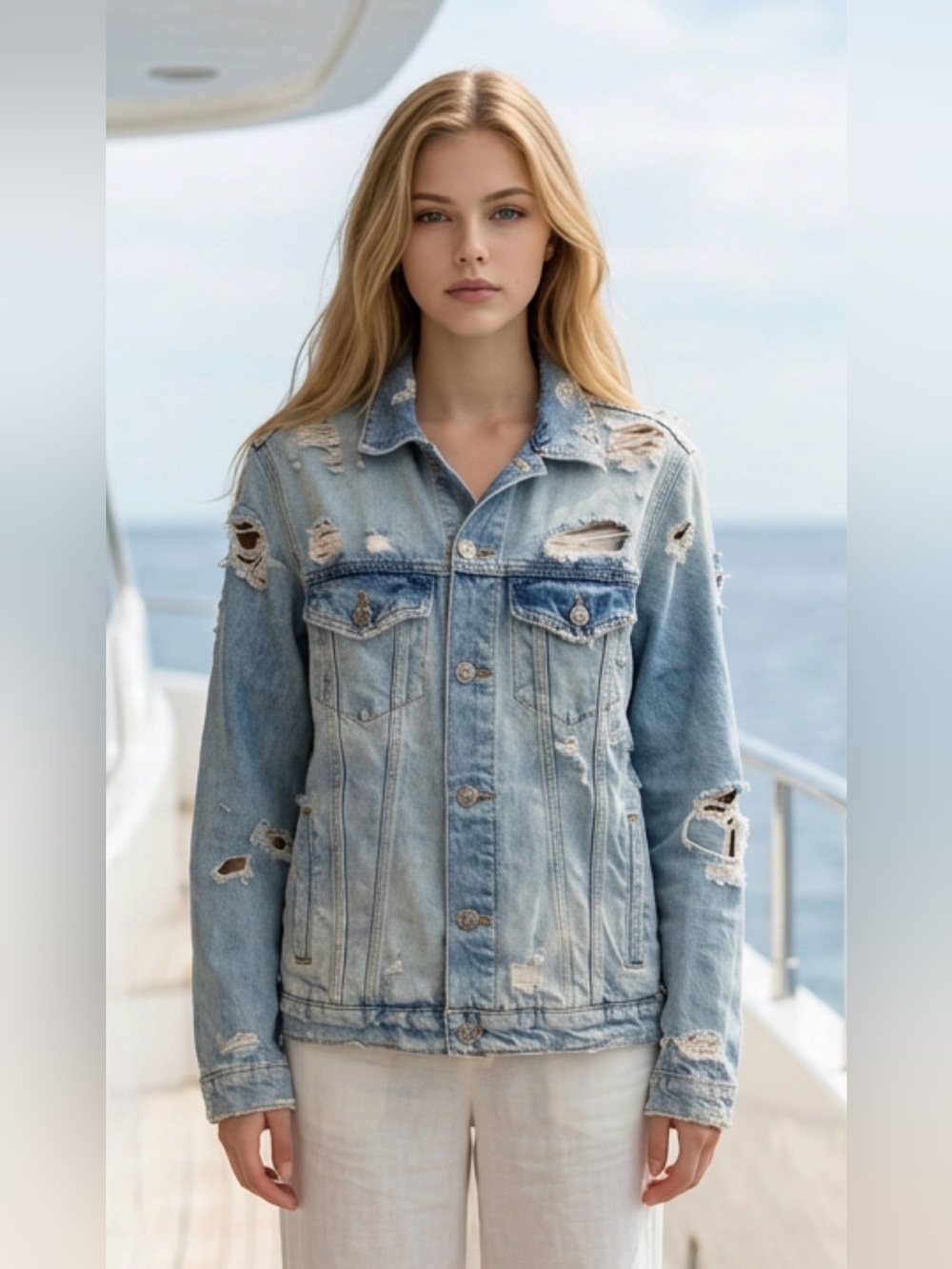 Zara Light Blue Distressed Denim Jacket